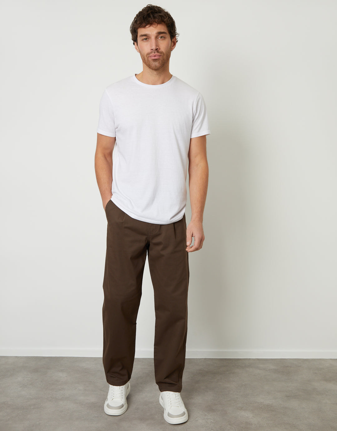 Chocolate Brown Straight Leg Pleated Chino Trousers