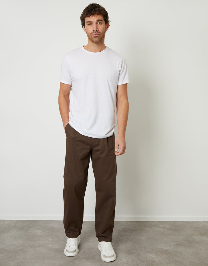 Chocolate Brown Straight Leg Pleated Chino Trousers