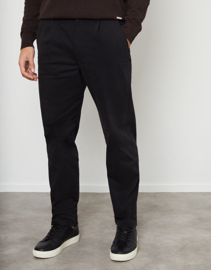 Black Straight Leg Pleated Chino Trousers