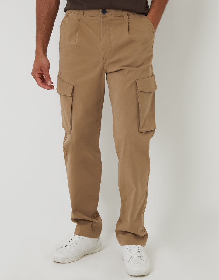 Threadbare Relaxed Fit Stretch Cargo Chino Trousers in Dark Stone - front view