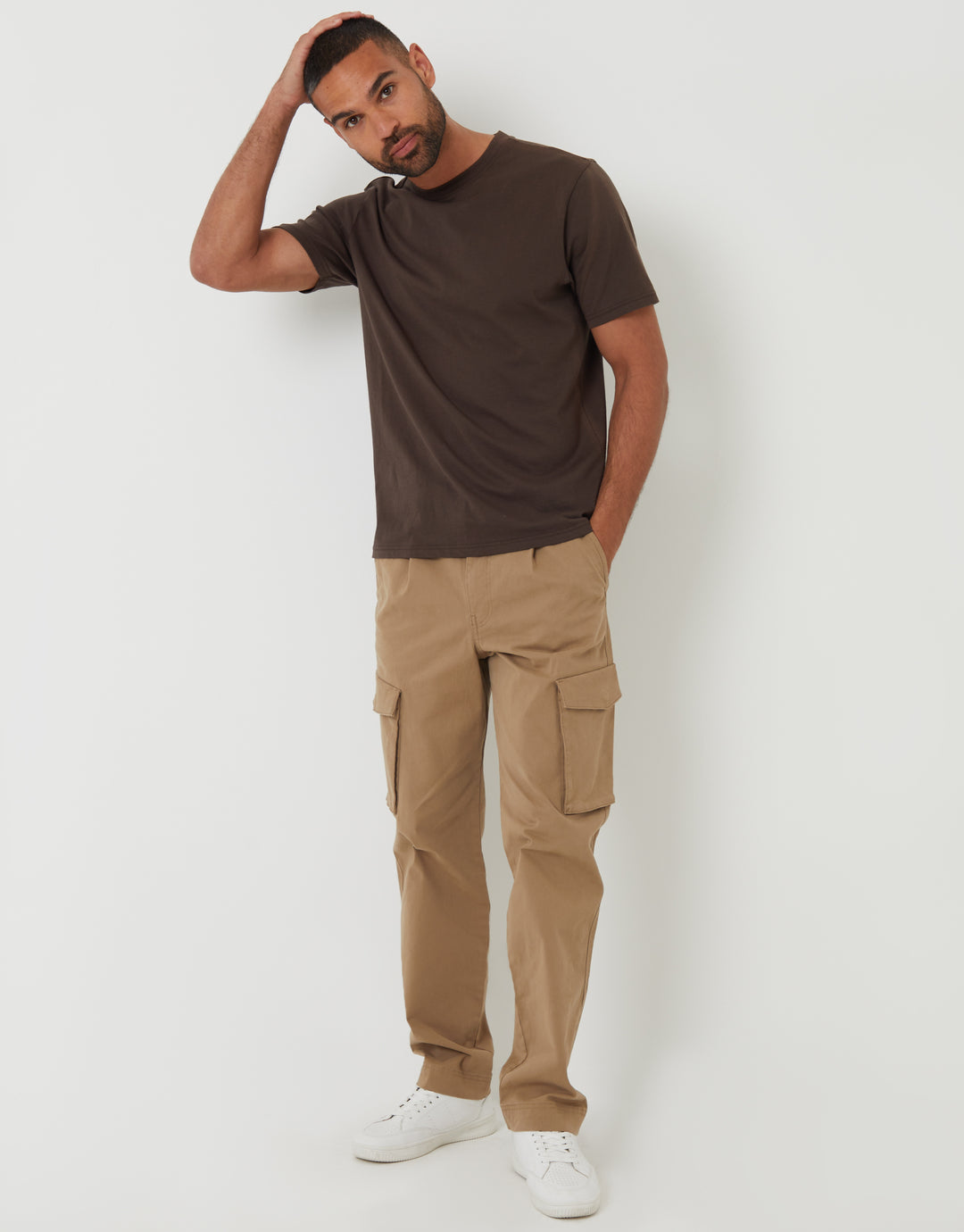 Threadbare Relaxed Fit Stretch Cargo Chino Trousers in Dark Stone - full body
