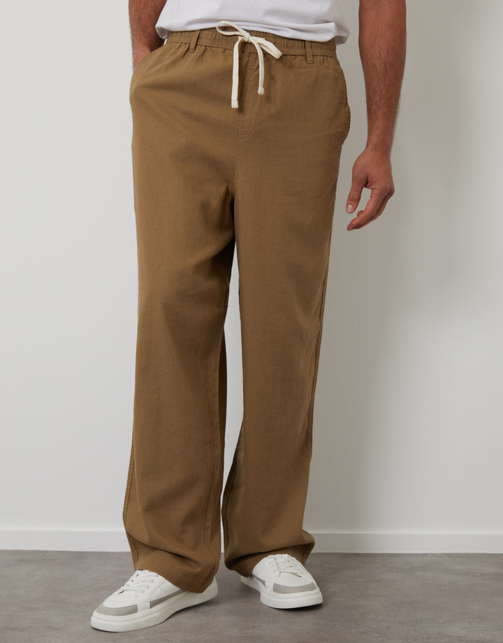 Dark Stone Linen Blend Baggy Trousers