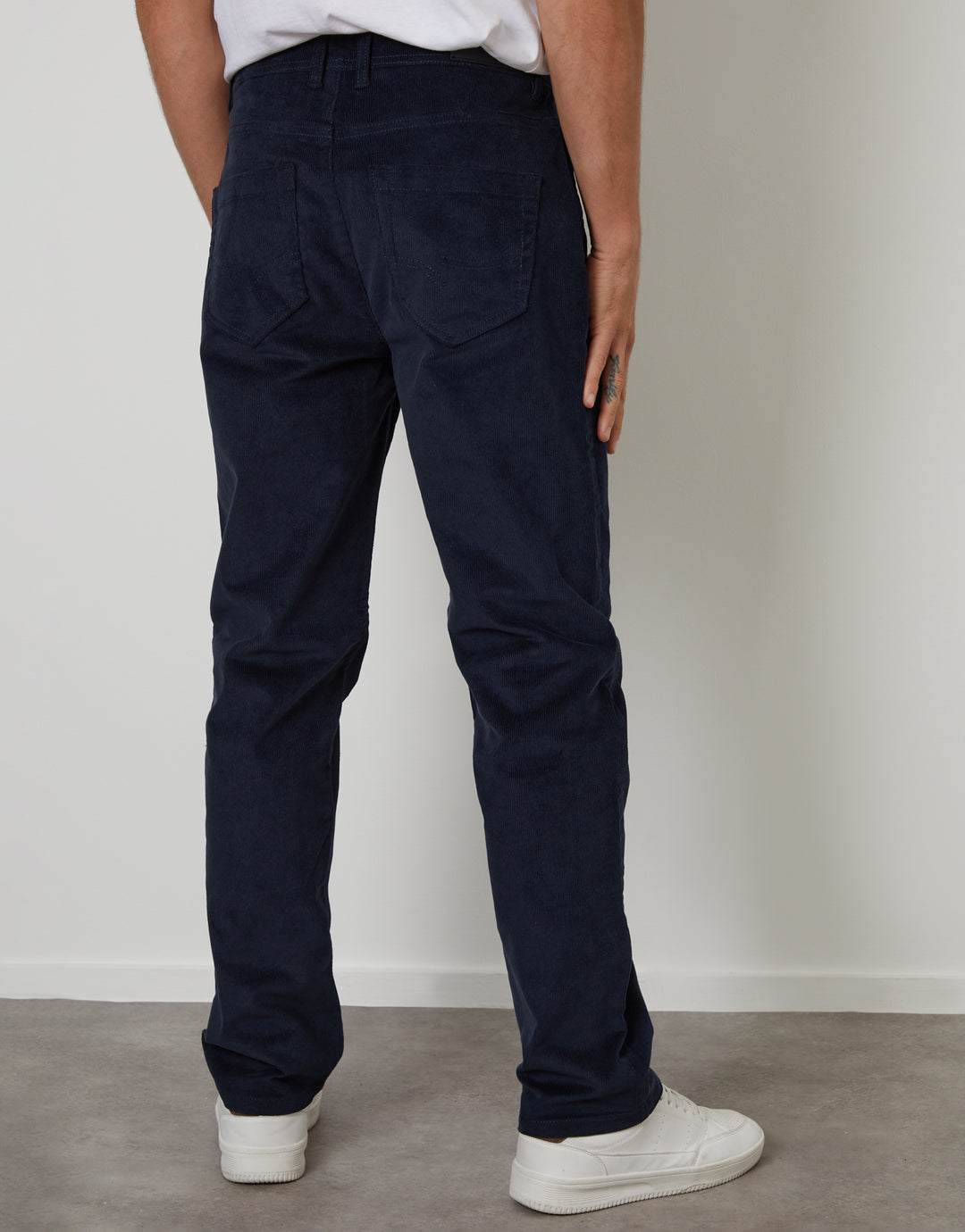 Navy Straight Leg 5 Pocket Stretch Corduroy Trousers