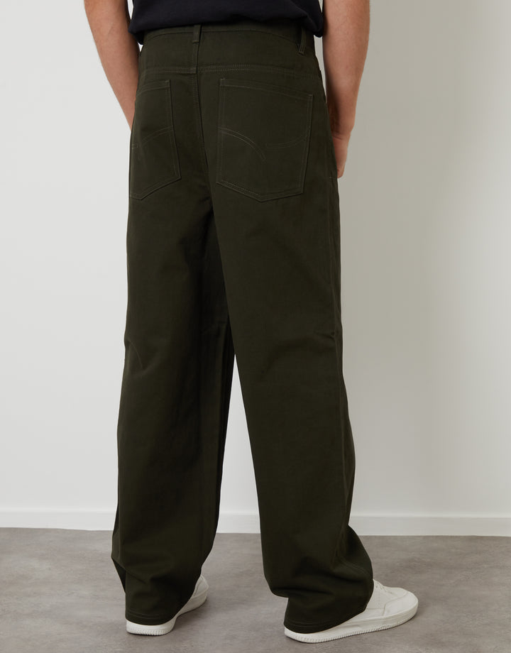 Forest Green Baggy Fit 5 Pocket Chino Trousers