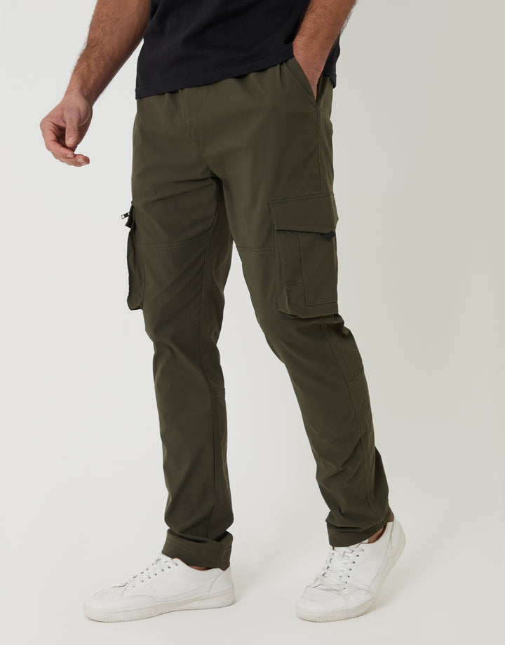 Threadbare Slim Fit Stretch Cargo Trousers in Khaki Green - front view