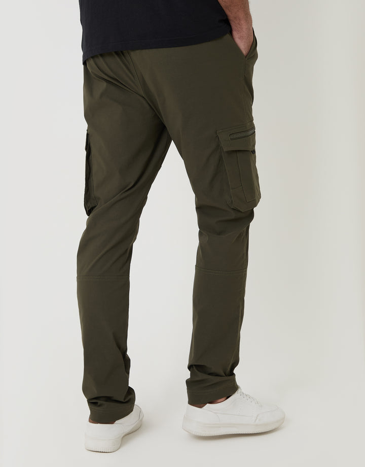 Threadbare Slim Fit Stretch Cargo Trousers in Khaki Green - back view