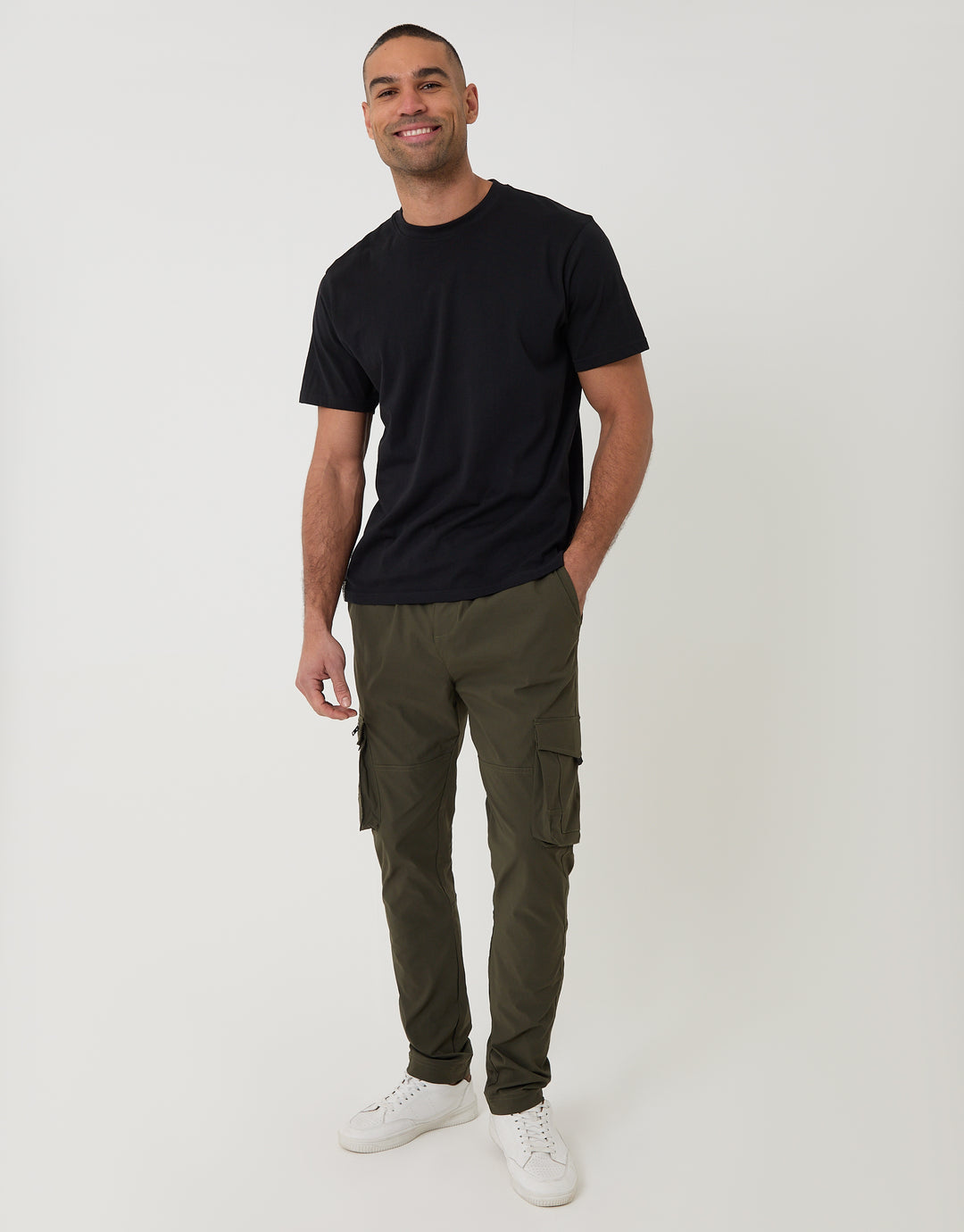 Threadbare Slim Fit Stretch Cargo Trousers in Khaki Green - full body