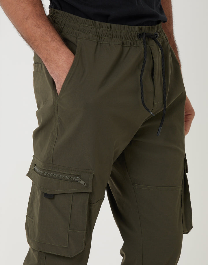Threadbare Slim Fit Stretch Cargo Trousers in Khaki Green - pockets close up