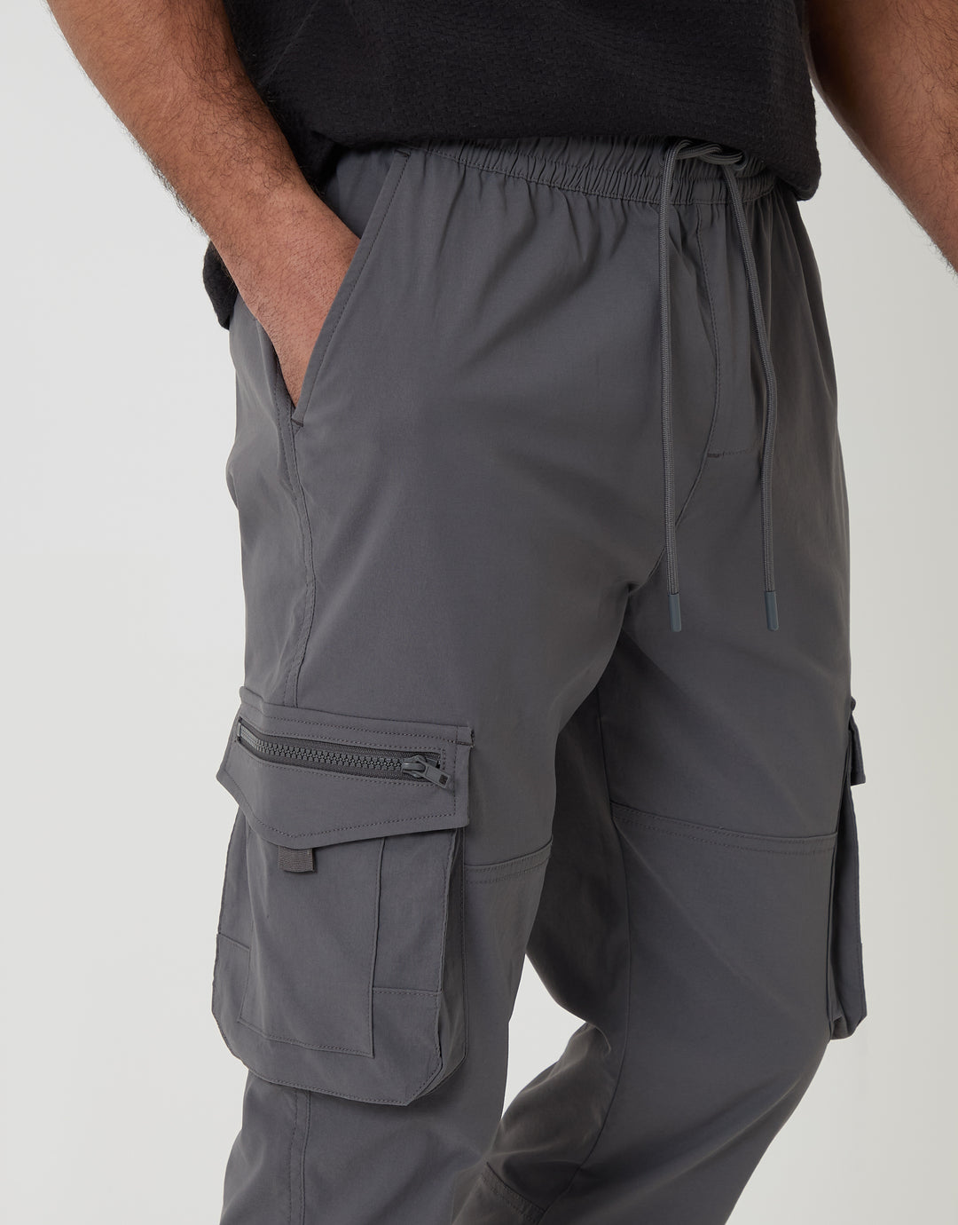 Threadbare Slim Fit Stretch Cargo Trousers in Grey - pockets close up