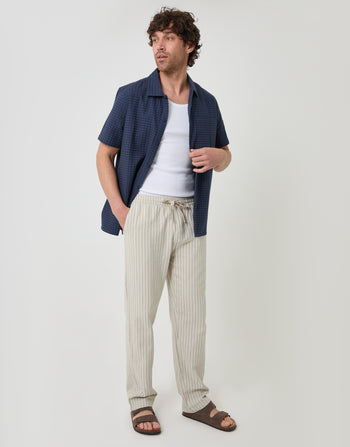 Threadbare Stripe Straight Fit Cotton Trousers in Light Stone - full body