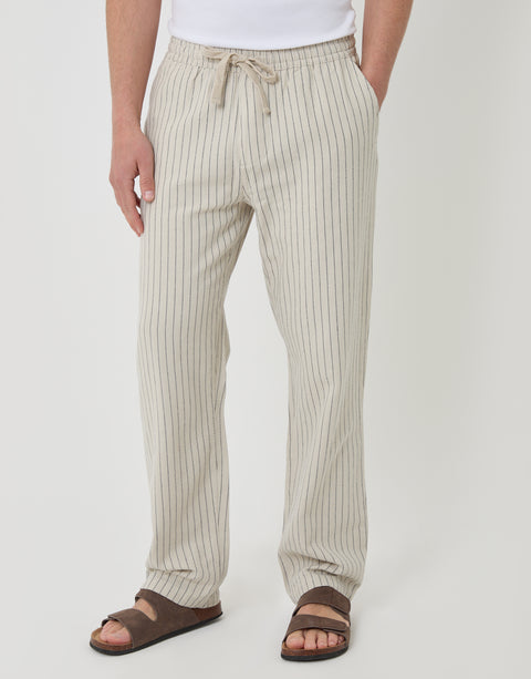 Threadbare Stripe Straight Fit Cotton Trousers in Light Stone - front view