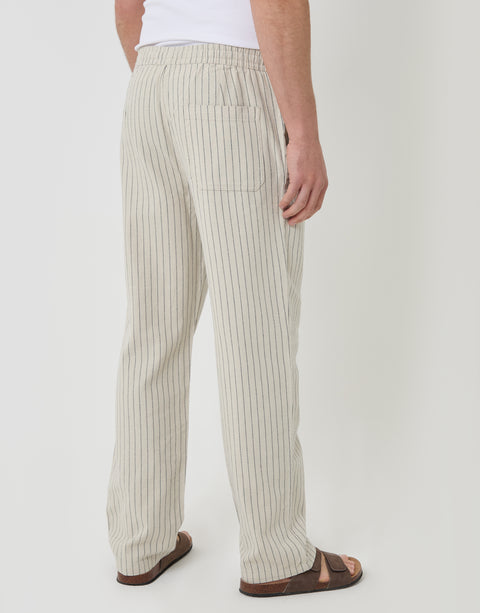 Threadbare Stripe Straight Fit Cotton Trousers in Light Stone - back view