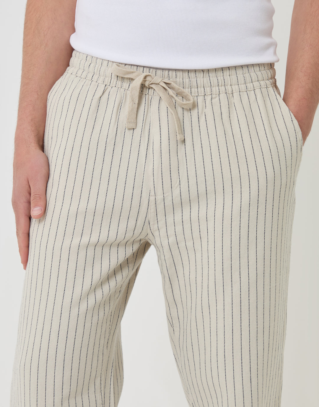 Threadbare Stripe Straight Fit Cotton Trousers in Light Stone - close up