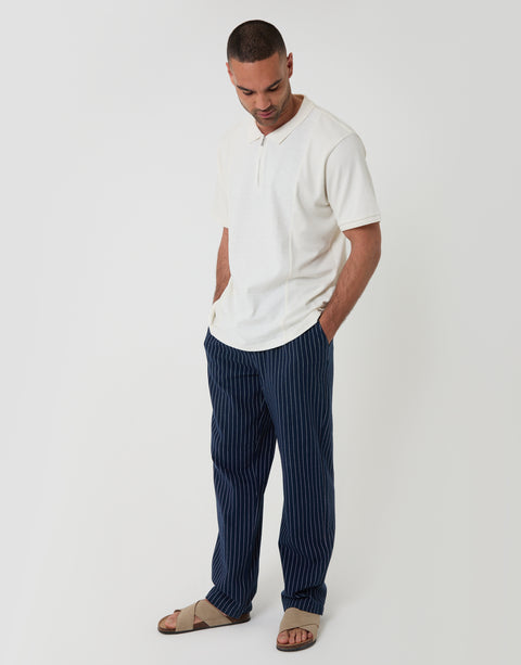 Threadbare Stripe Straight Fit Cotton Trousers in Navy - full view