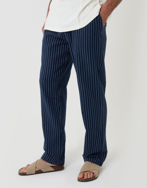 Threadbare Stripe Straight Fit Cotton Trousers in Navy - front view
