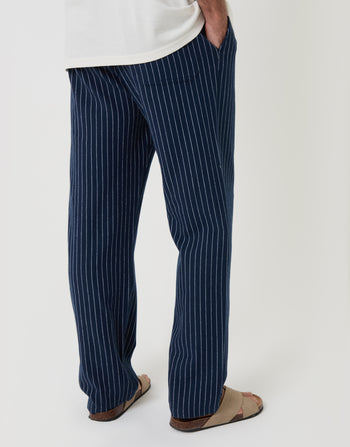 Threadbare Stripe Straight Fit Cotton Trousers in Navy - Back View