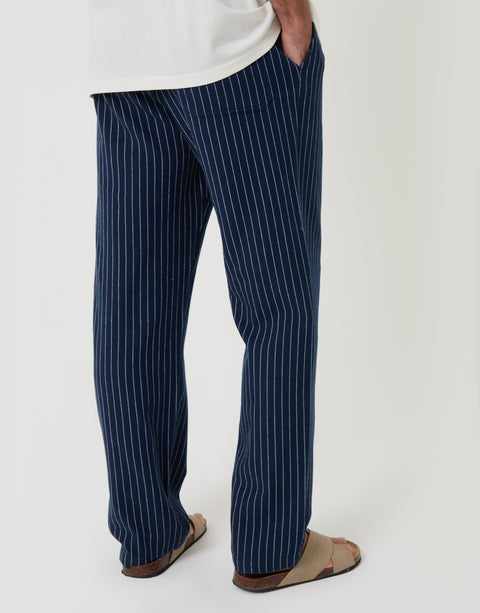 Threadbare Stripe Straight Fit Cotton Trousers in Navy - Back View