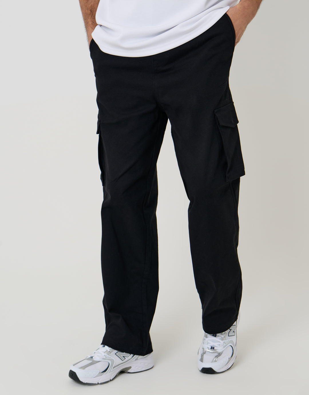 Threadbare Baggy Fit Stretch Cotton Cargo Trousers in Black - front view