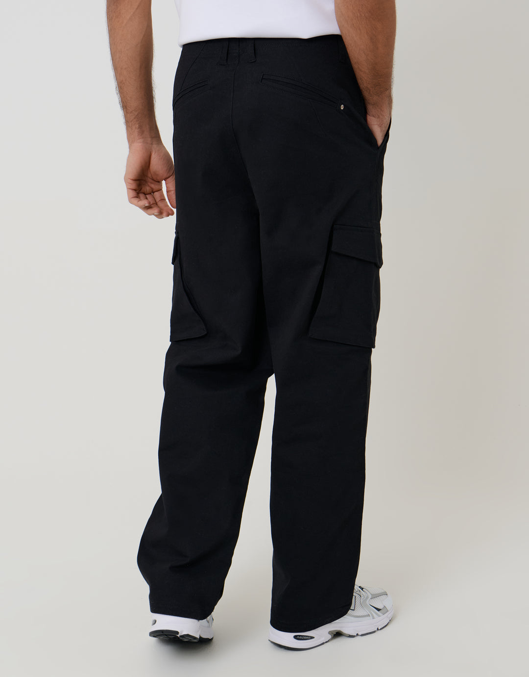 Threadbare Baggy Fit Stretch Cotton Cargo Trousers in Black - back view