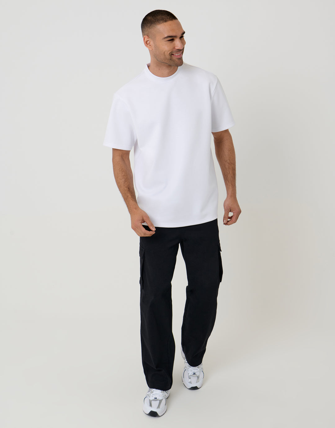 Threadbare Baggy Fit Stretch Cotton Cargo Trousers in Black - full body