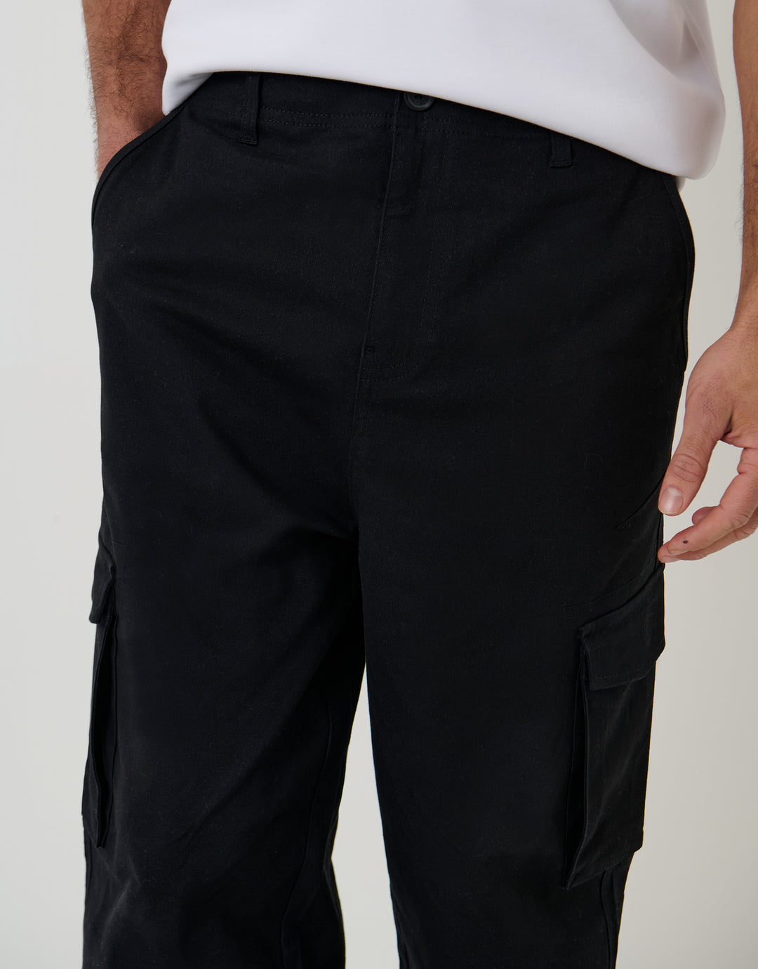 Threadbare Baggy Fit Stretch Cotton Cargo Trousers in Black - close up