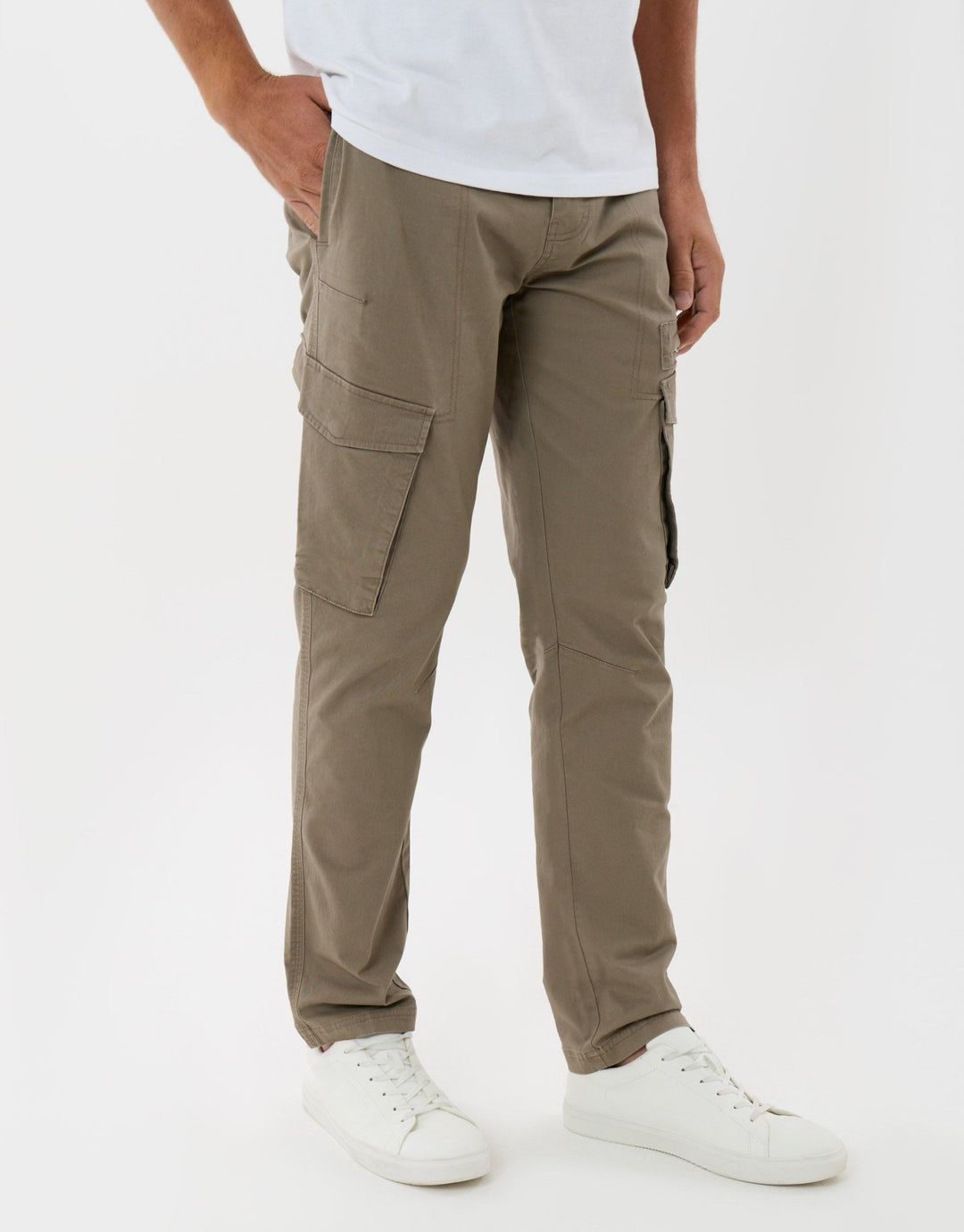 Threadbare Slim Fit Cotton Rich Cargo Trousers in Mushroom Brown - front view