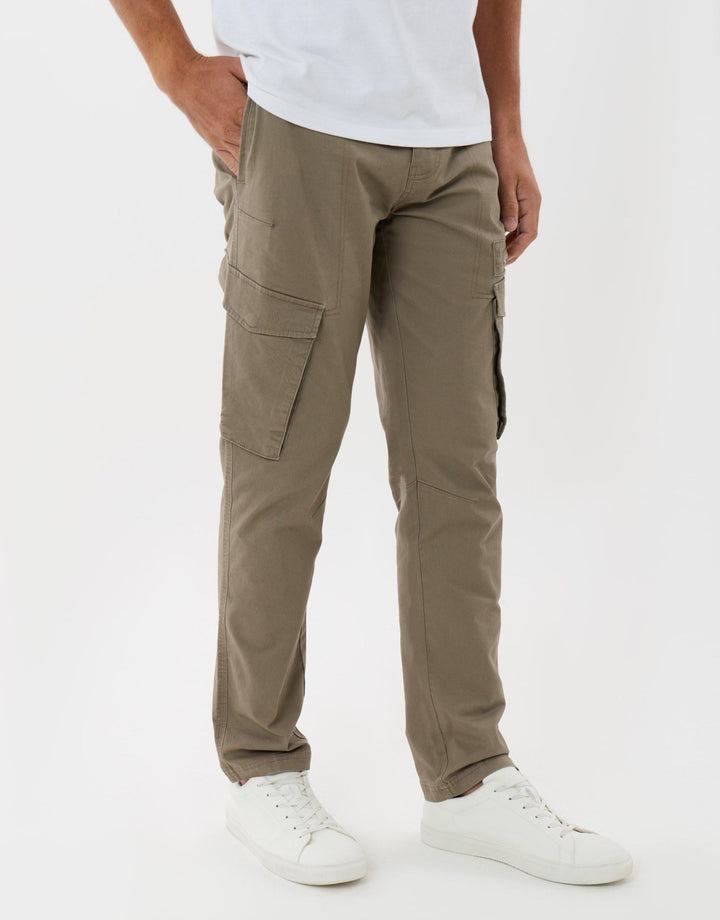 Threadbare Slim Fit Cotton Rich Cargo Trousers in Mushroom Brown - front view