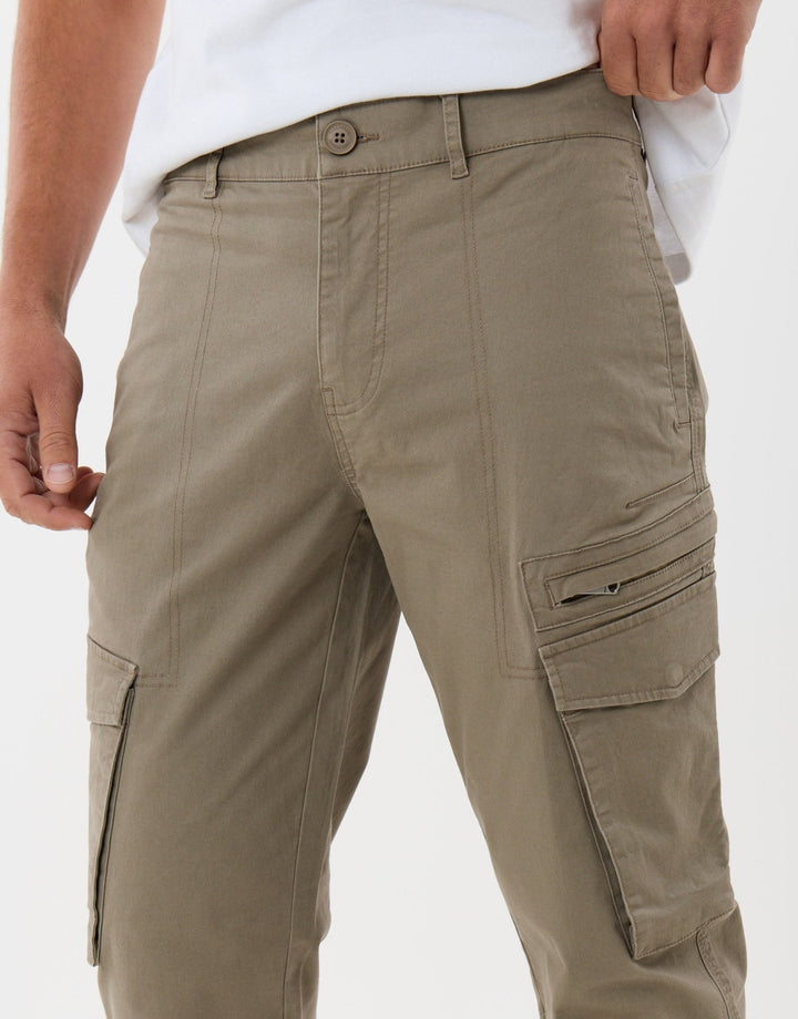 Threadbare Slim Fit Cotton Rich Cargo Trousers in Mushroom Brown - detail
