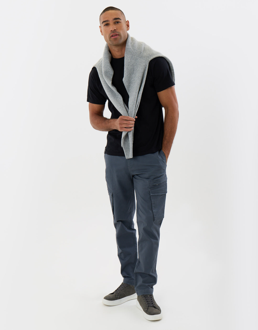 Threadbare Slim Fit Cotton Rich Cargo Trousers in Blue Grey - full body