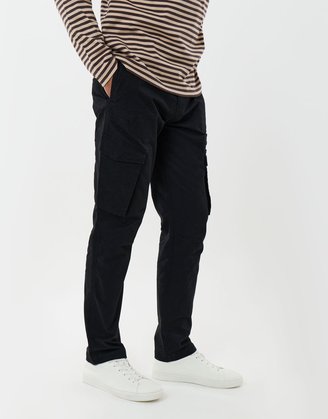 Threadbare Slim Fit Cotton Rich Cargo Trousers in Black - front view