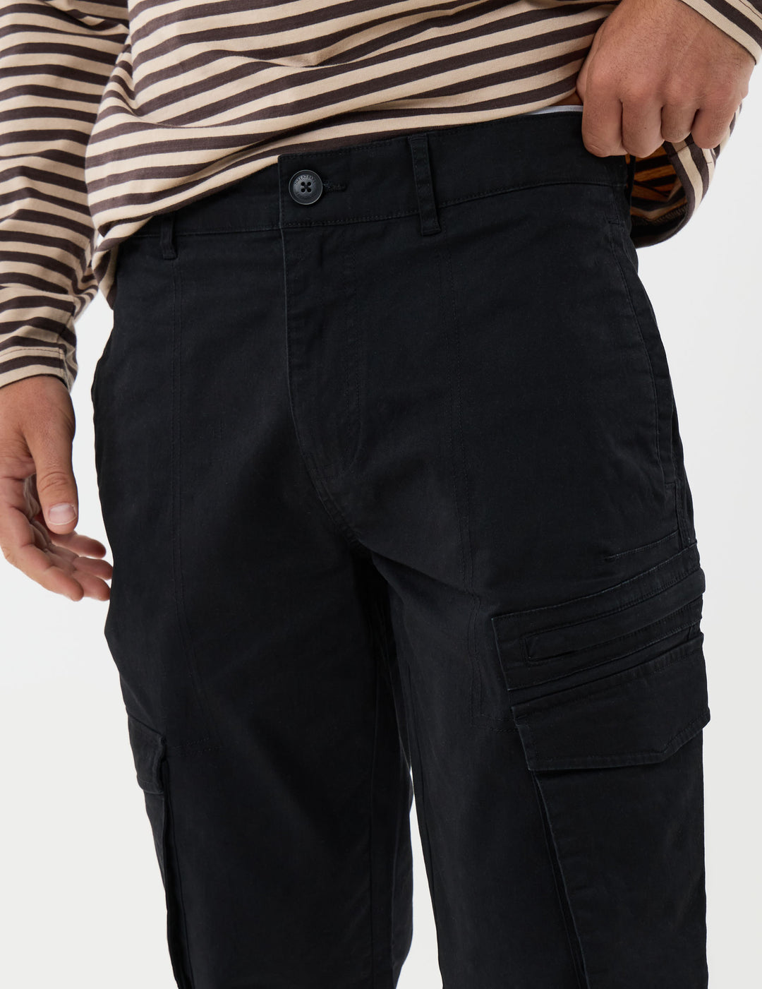 Threadbare Slim Fit Cotton Rich Cargo Trousers in Black - close up