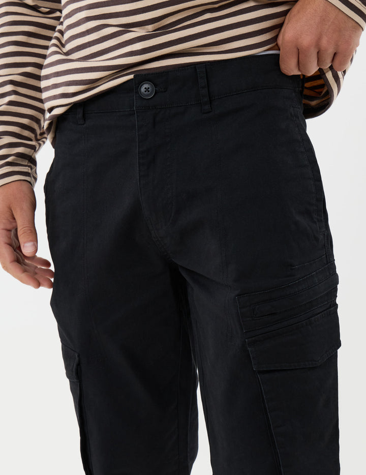 Threadbare Slim Fit Cotton Rich Cargo Trousers in Black - close up