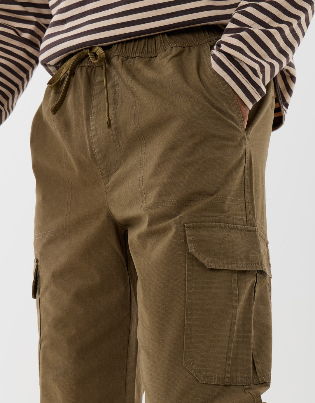 Threadbare Regular Fit Cotton Cargo Trousers in Khaki - close up