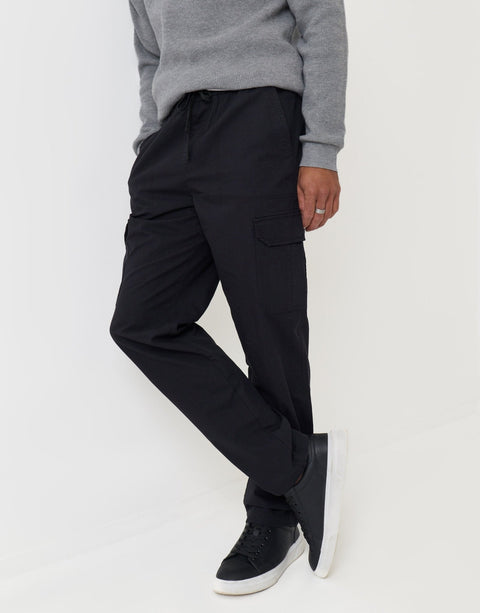 Threadbare Regular Fit Cotton Cargo Trousers in Black - front view