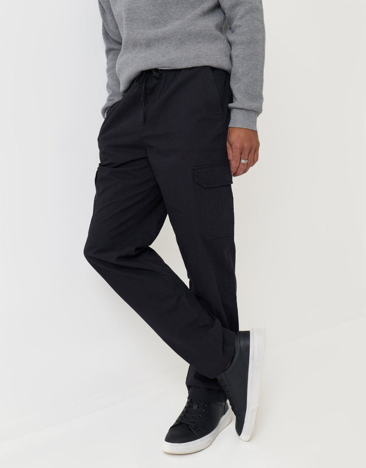 Threadbare Regular Fit Cotton Cargo Trousers in Black - front view