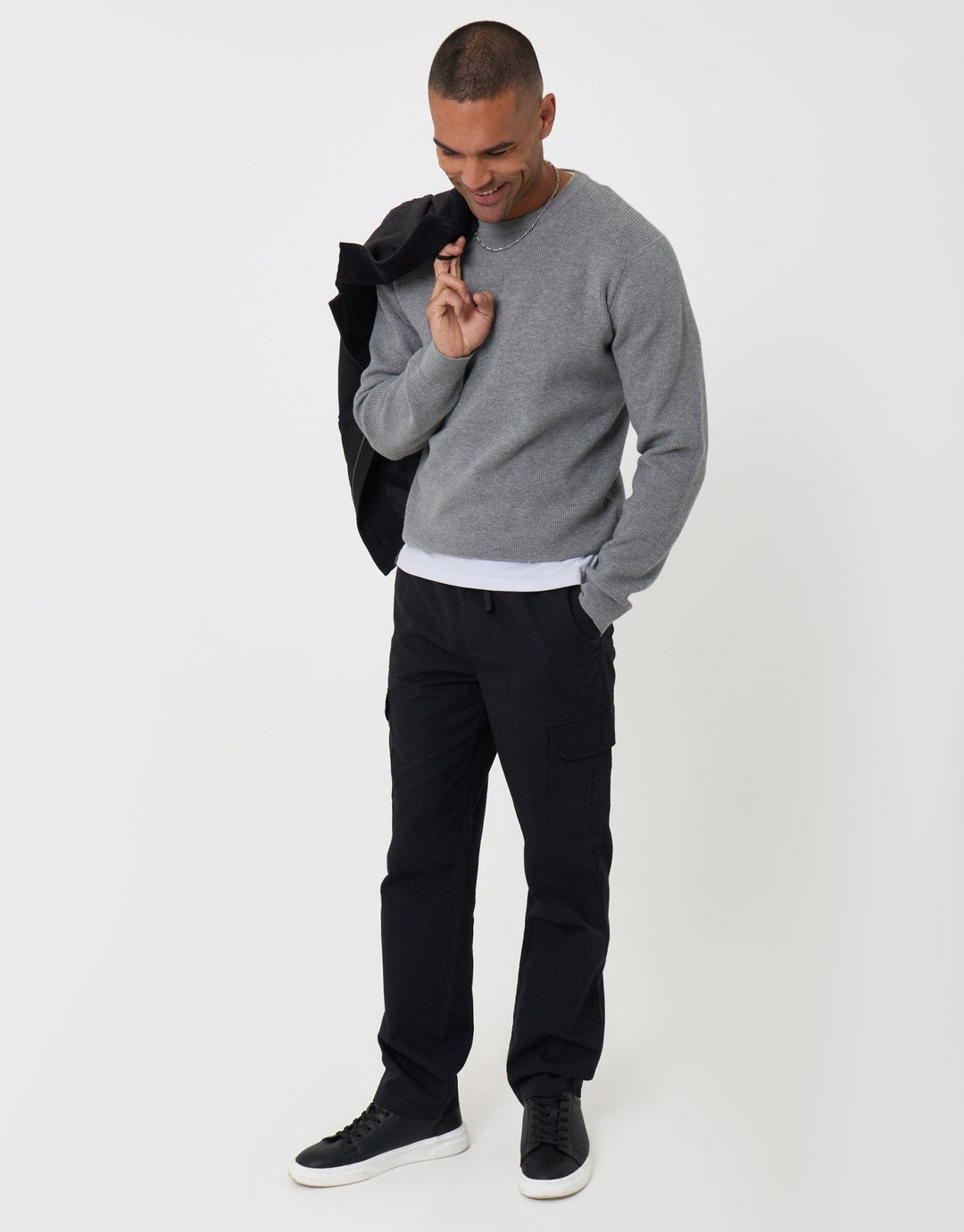 Threadbare Regular Fit Cotton Cargo Trousers in Black - full body