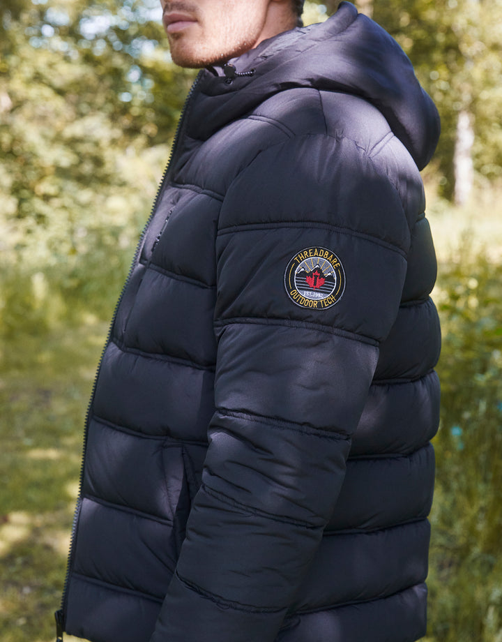 Black Showerproof Double Layer Hooded Puffer Jacket