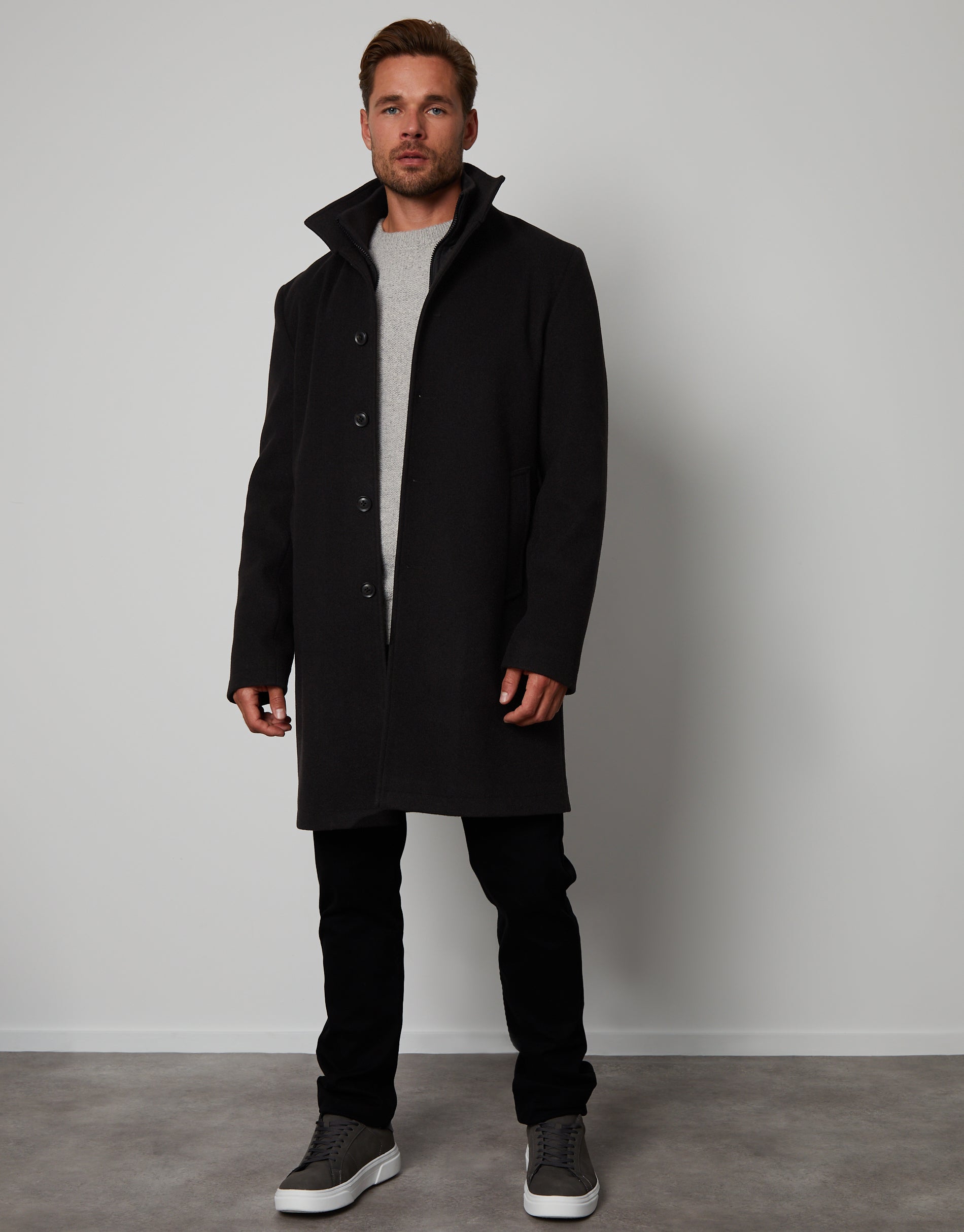 Threadbare Luxe Men's Black Single Breasted Longline Funnel