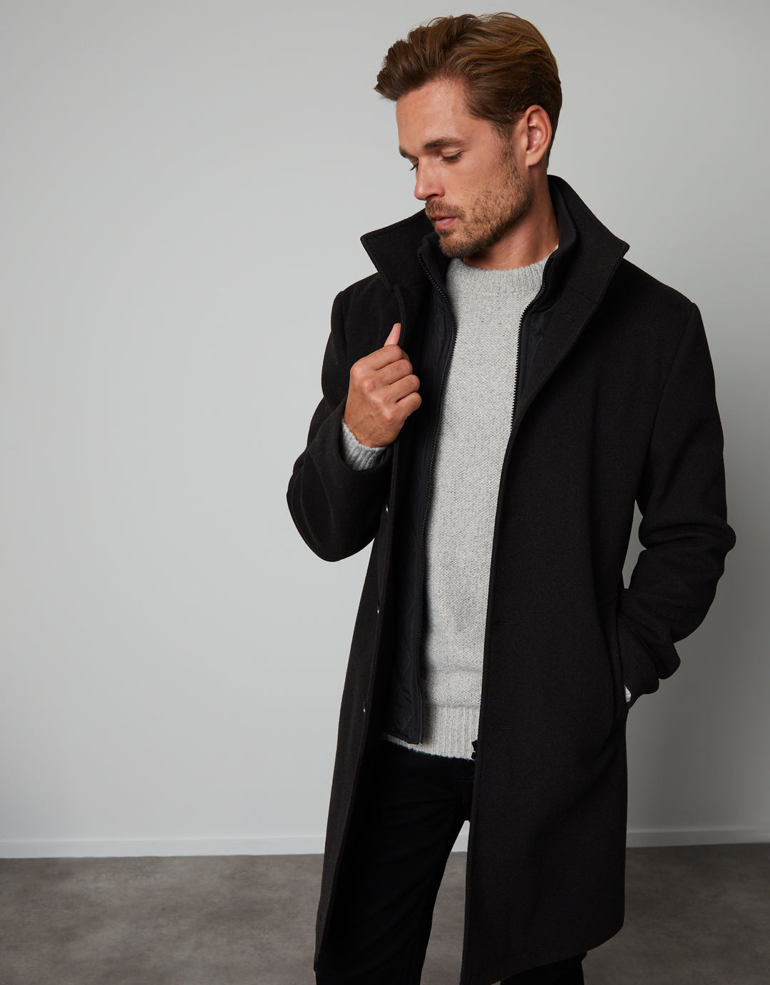 Threadbare Luxe Men's Black Funnel Neck Mock Layer Coat