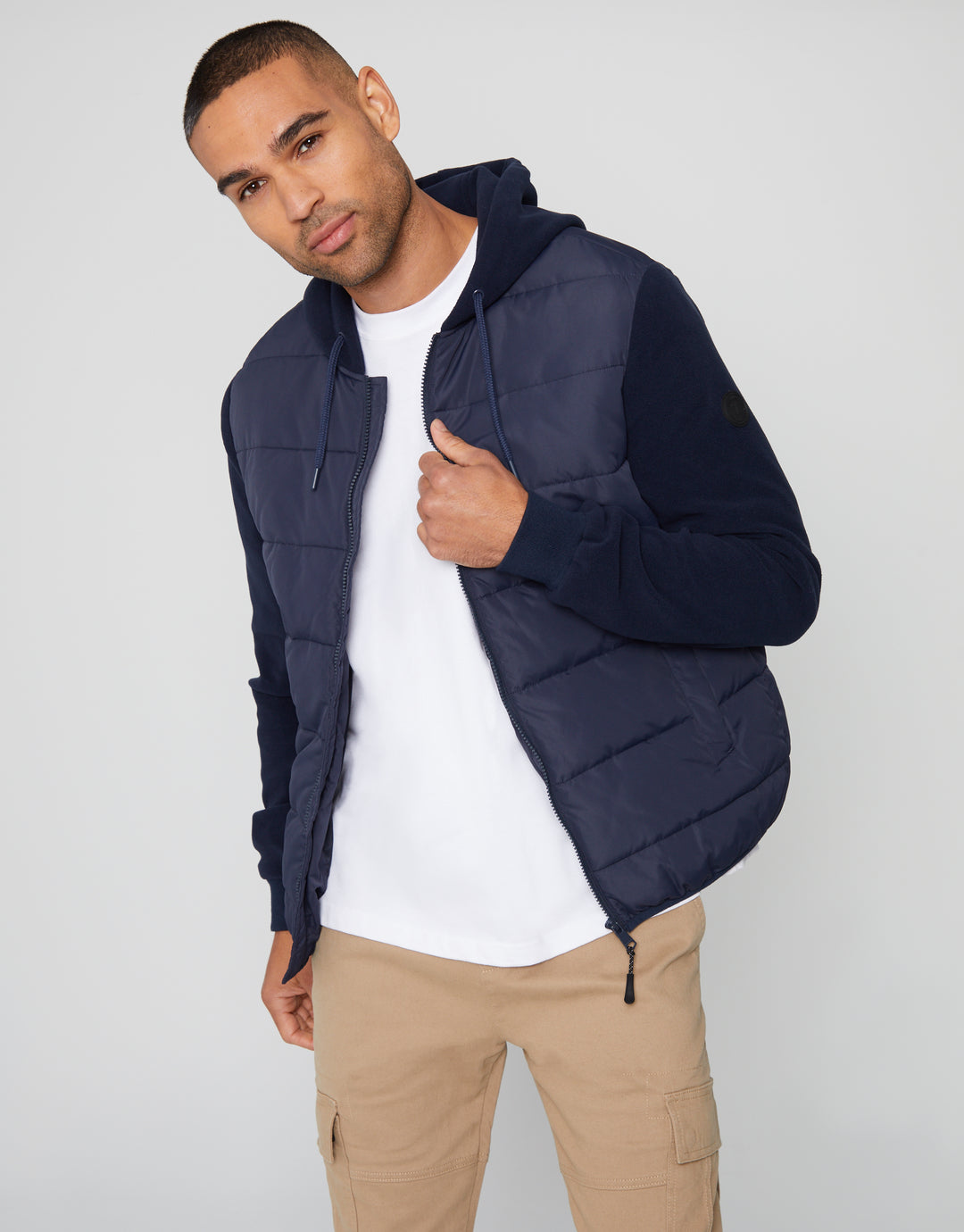 Navy Padded Contrast Sleeve Hooded Jacket