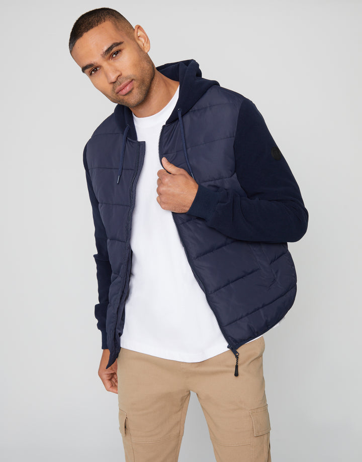 Navy Padded Contrast Sleeve Hooded Jacket
