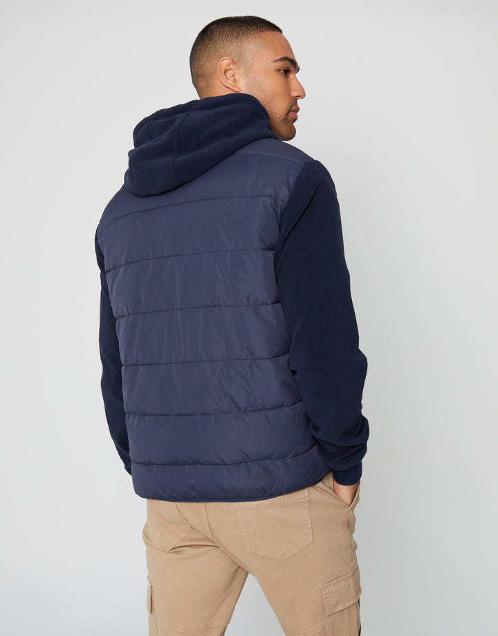 Navy Padded Contrast Sleeve Hooded Jacket