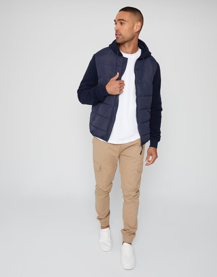 Navy Padded Contrast Sleeve Hooded Jacket