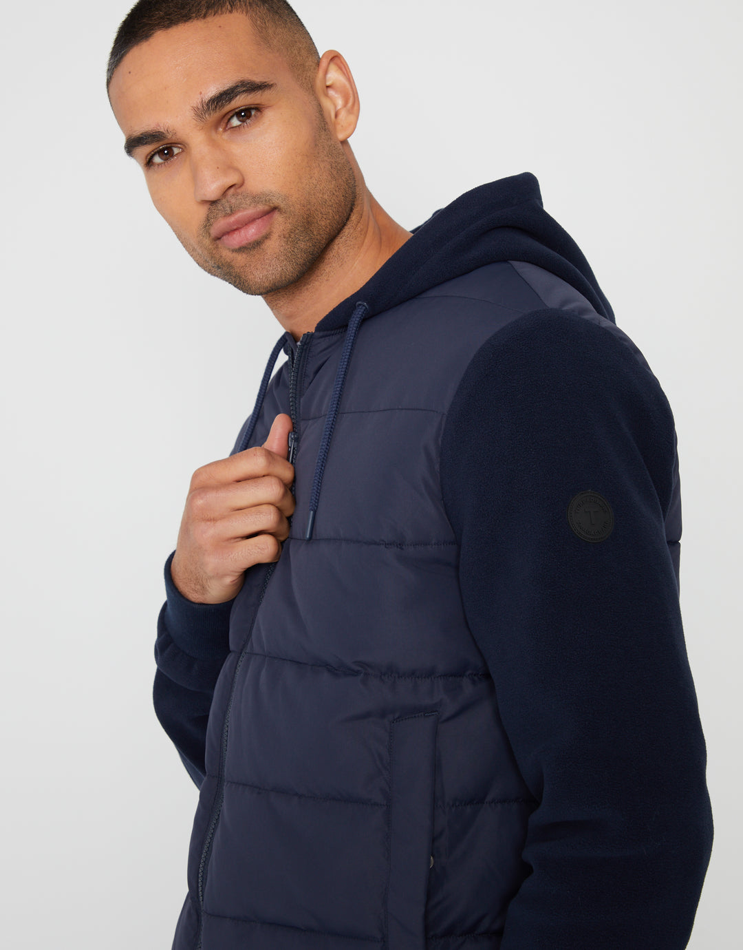 Navy Padded Contrast Sleeve Hooded Jacket