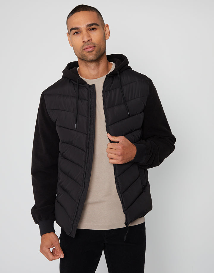 Black Padded Contrast Sleeve Hooded Jacket
