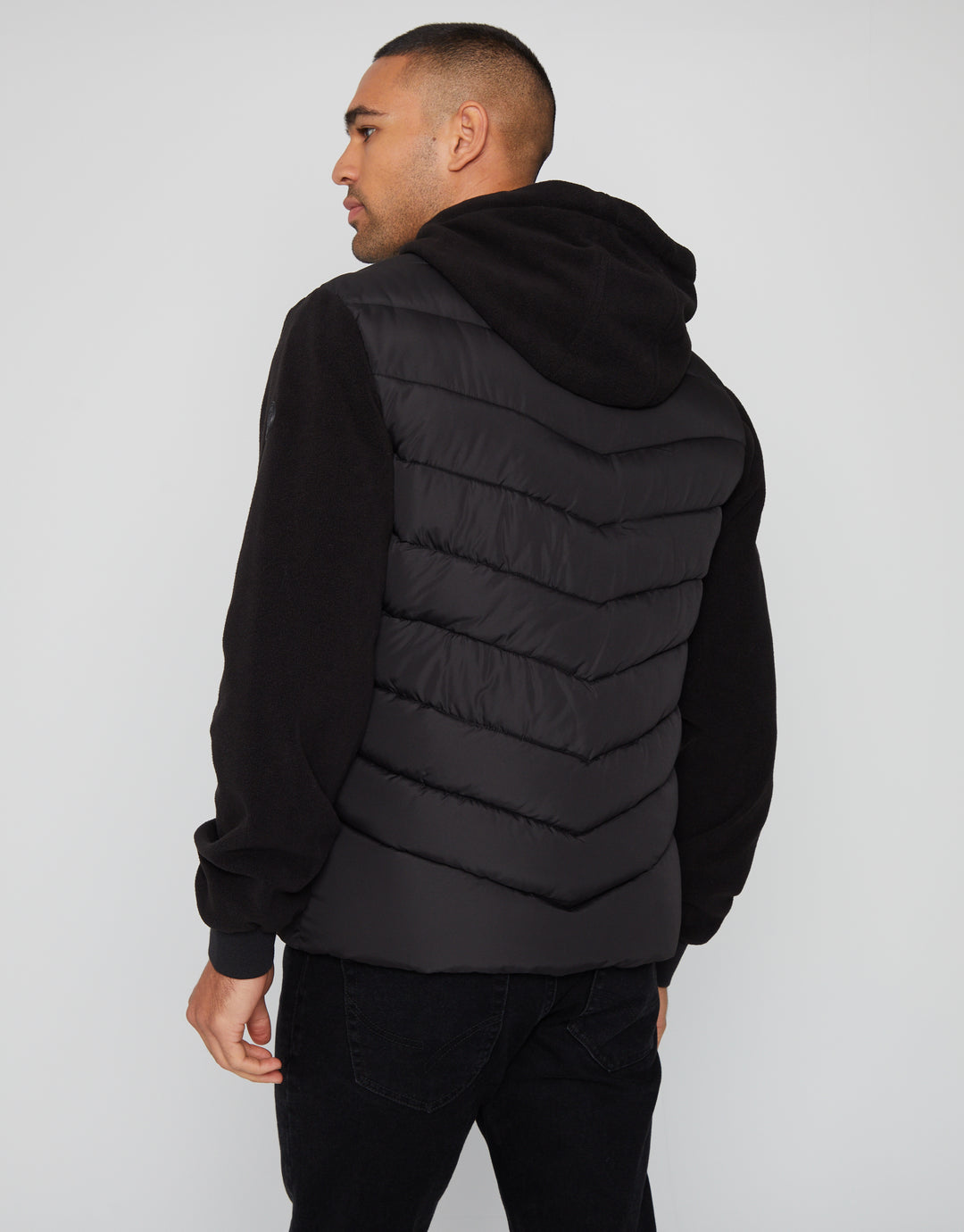 Black Padded Contrast Sleeve Hooded Jacket