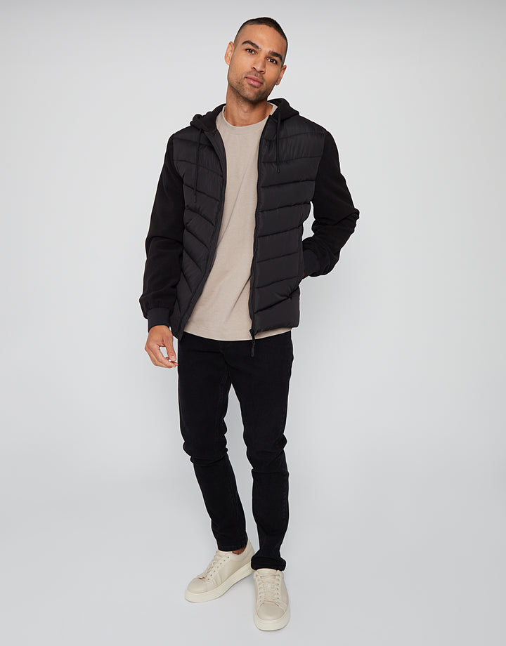 Black Padded Contrast Sleeve Hooded Jacket