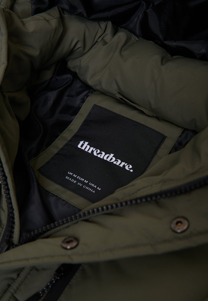 Khaki Green Showerproof Hooded Longline Puffer Jacket