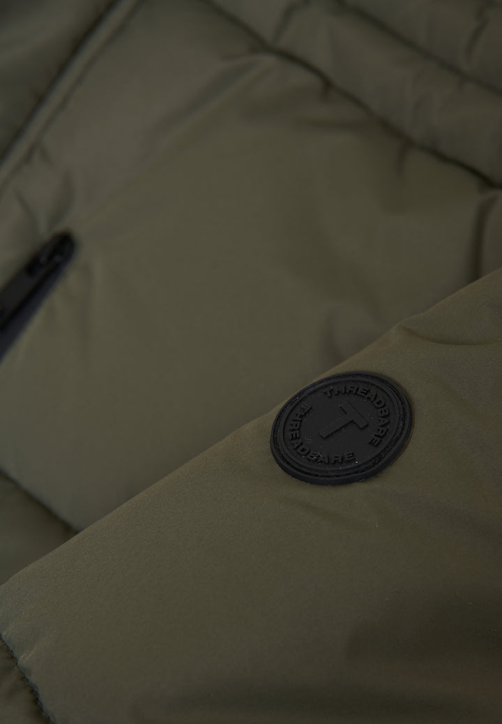 Khaki Green Showerproof Hooded Longline Puffer Jacket