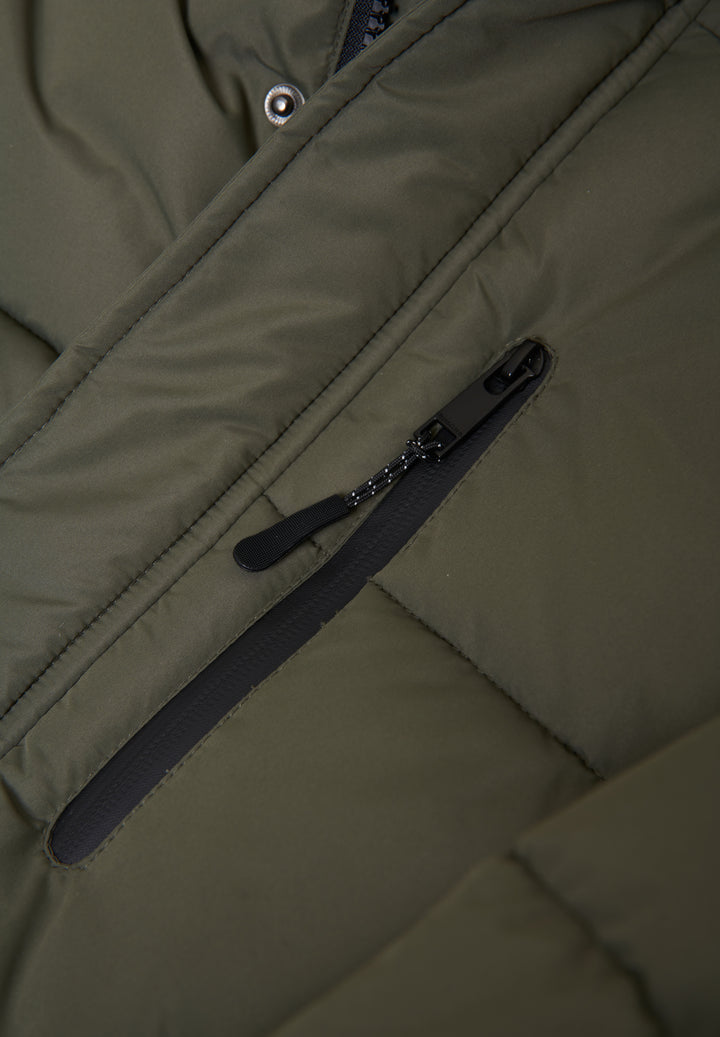 Khaki Green Showerproof Hooded Longline Puffer Jacket